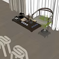 Modern Glass Top Tea Table and White Stools with Tea Set and Green Plant