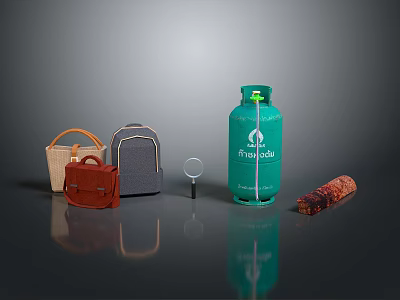 Everyday Living Items Including Green Gas Cylinder Handbags Backpack Magnifying Glass And Bread Roll 3d model