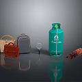 Everyday Living Items Including Green Gas Cylinder Handbags Backpack Magnifying Glass And Bread Roll