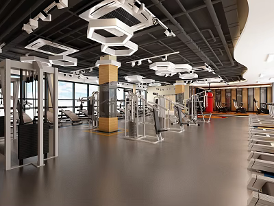 Modern Gym Interior Featuring Various Fitness Equipment Spacious Workout Area And Ceiling Lighting 3d model
