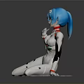 Anime Female Character With Blue Hair White Bodysuit Red Green Accents Kneeling Pose