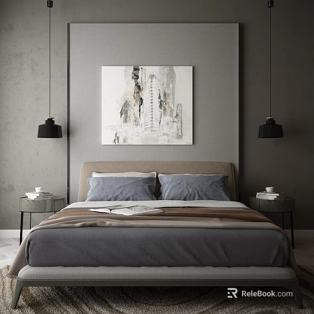 Modern Double Bed With Gray Bedding Nightstands Pendant Lights And Wall Art 3d model 