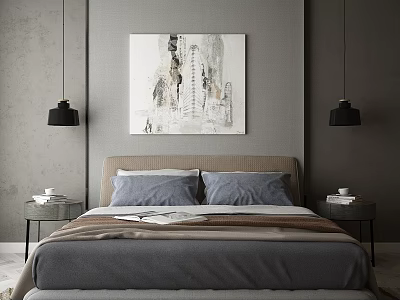 Modern Double Bed With Gray Bedding Nightstands Pendant Lights And Wall Art 3d model