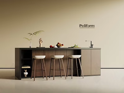 Modern Kitchen Interior With Dark Island Countertop White Bar Stools Fruits And Plants 3d model