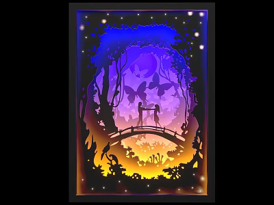 Enchanted Paper Cut Art Scene With Couple On Bridge Butterflies Moon And Starry Sky 3d model