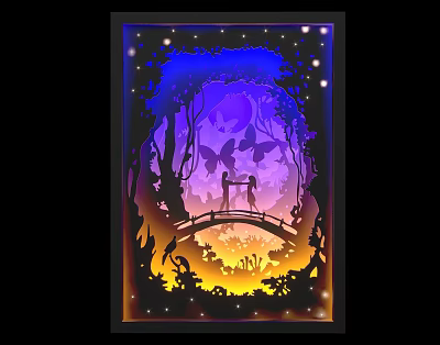 Enchanted Paper Cut Art Scene With Couple On Bridge Butterflies Moon And Starry Sky 3d model