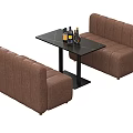Pair Of Brown Booth Sofas With Black Table And Wine Bottles In Modern Setup 3d model