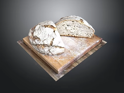 Freshly Baked Rustic Bread Loaf on Wooden Cutting Board with Flour Dust 3d model