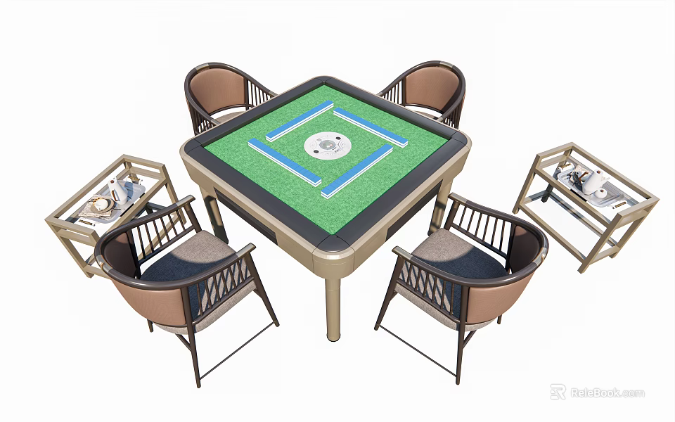 Entertainment Table With Green Tabletop Round Center Area Four Matching Chairs And Side Tables 3d model 