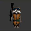 Cartoon Raccoon Character with Blue Sunglasses in Orange Outfit and Green Pouch Holding Black Gun