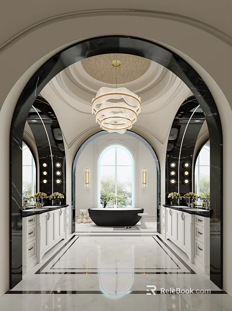 Modern Luxury Bathroom Interior With Double Vanities Bathtub Chandelier Arched Doorways And Marble Mirrors 3d model 
