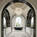 Modern Luxury Bathroom Interior With Double Vanities Bathtub Chandelier Arched Doorways And Marble Mirrors