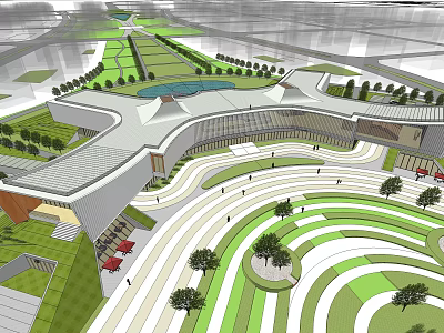 Modern Public Architectural Complex Featuring Curved Pathways Green Landscaping And Open Plaza 3d model