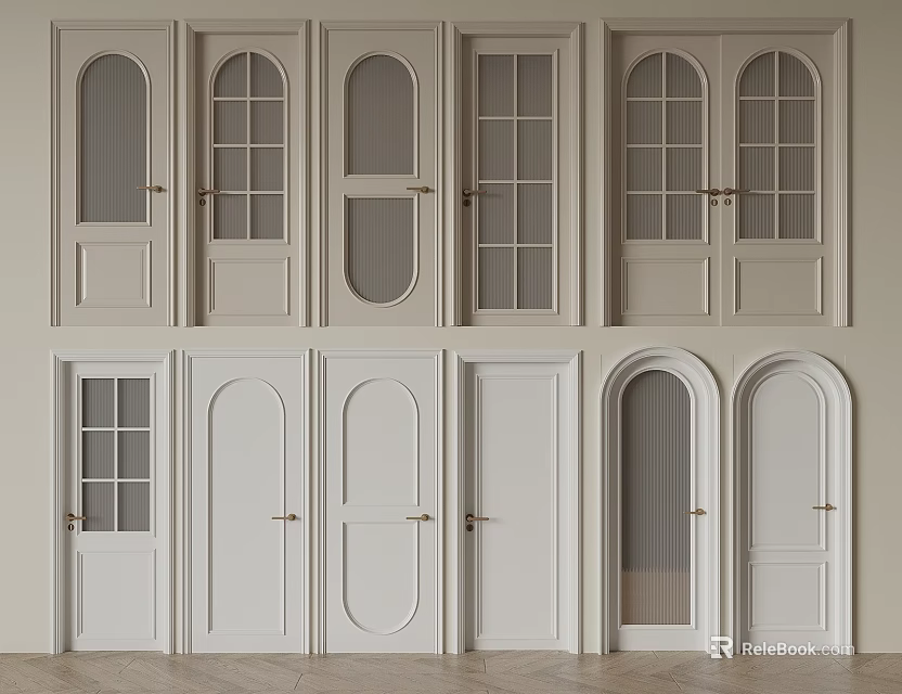 Stylish Hinged Doors Collection With Various Designs Glass Panels And Arch Top 3d model 