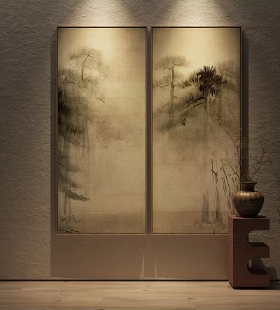 Traditional Chinese Screen With Pine Trees Landscape Painting And Ceramic Vase On Wooden Stand 3d model