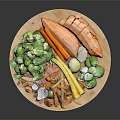 Fresh Assorted Vegetables on Wooden Board Including Brussels Sprouts Carrots and Sweet Potatoes