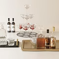 Elegantly Arranged Wine Whiskey Bottles And Cocktail Glasses On Decorative Trays