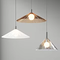 Modern Minimalist Pendant Lights In White Brown Silver With Pleated Shades Illuminated Against Grey Wall