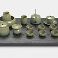 Minimalist Light Green Ceramic Tea Set with Teapot Teacups and Caddy on Dark Wood Tray