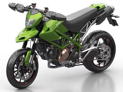 Green Sport Motorcycle With Black Seat Red Rim Tires And Metallic Engine 3d model