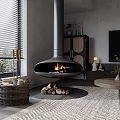 Modern Dining and Living Room Interior Design With Black Fireplace TV and Wooden Coffee Table