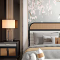 Elegant Bedroom Interior Design With Decorative Cherry Blossom Wall And Wooden Nightstands Table Lamps