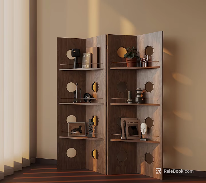 Modern Wooden Bookshelf With Circular Cutouts And Decorative Items On Shelves 3d model 