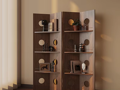 Modern Wooden Bookshelf With Circular Cutouts And Decorative Items On Shelves 3d model