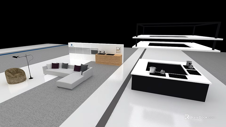Stylish Modern Open Kitchen Interior With Island Counter And Cabinets 3d model 