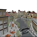 Scenic Commercial Complex With Canal Walkways Shops Domed Buildings And Pedestrians