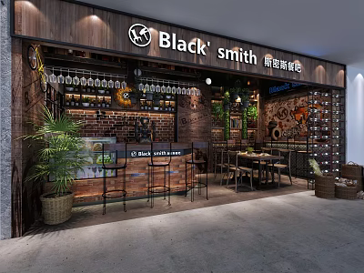 Black Smith Rustic Tribal Style Restaurant With Brick Walls Green Plants And Wooden Decor 3d model
