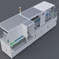 Automated Industrial Production Line With Transparent Enclosure Indicator Lights And Mechanical Workstations