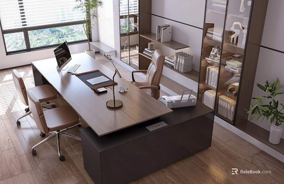 Modern Office Desk With Wooden Top Laptop Desk Lamp Folder And Office Chair 3d model 
