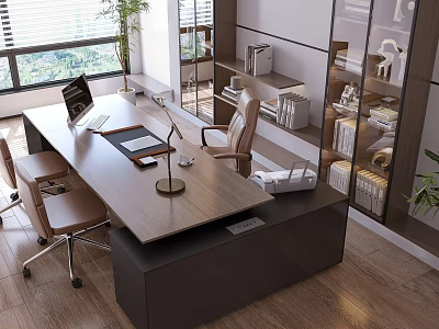 Modern Office Desk With Wooden Top Laptop Desk Lamp Folder And Office Chair 3d model