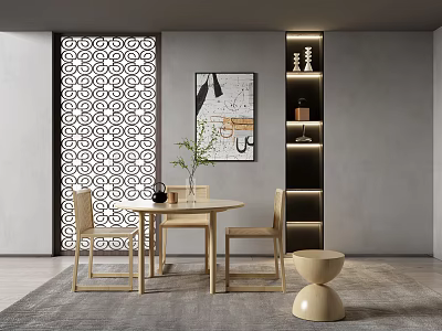 Modern Minimalist Dining Table Set with Round Table Two Chairs Lattice Screen and Decorative Painting 3d model