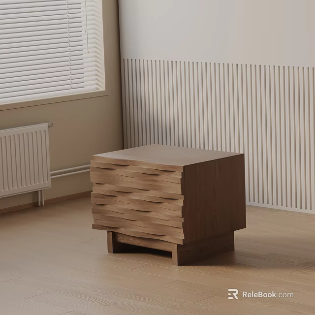 Wooden Bedside Table With Wavy Design In Minimalist Interior With Striped Wall And Light Floor 3d model 