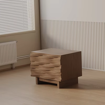 Wooden Bedside Table With Wavy Design In Minimalist Interior With Striped Wall And Light Floor 3d model