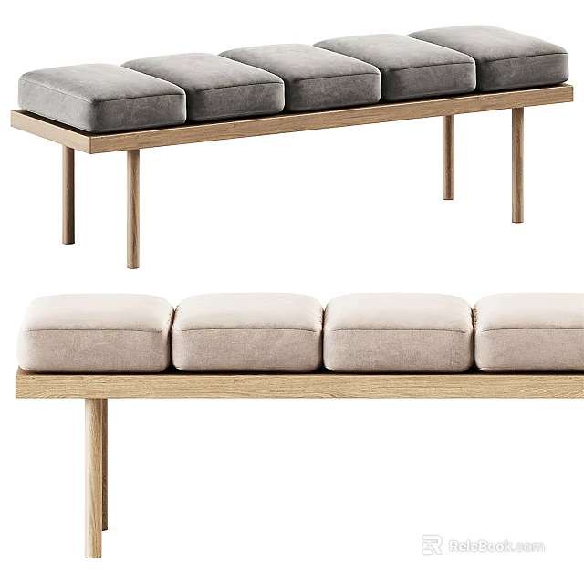 Modern Sofa Bench With Gray Beige Upholstered Seats And Wooden Frame Design 3d model 