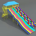 Colorful Wavy Playground Slide With Yellow Structure Blue Canopy And Colorful Ball Pit
