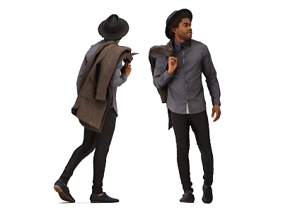 Man in Grey Shirt Black Pants with Hat and Coat Over Shoulder Two Angles 3d model