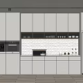 Modern Light Gray Kitchen With Built in Appliances Countertop Tile Backsplash And Cabinets