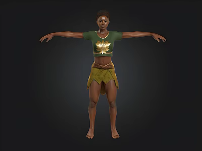 3D Character Model With Green Top Yellow Skirt And Arms Outstretched On Black Background 3d model