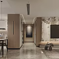 Modern Living Dining Room Interior With Beige Sofa Brown Cushions Crystal Chandelier Gray Rug