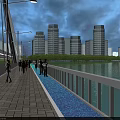Modern Pedestrian Bridge With City Skyline And River View At Evening Lights