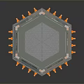 Octagonal Mechanical Structure With Grid Panel And Orange Protrusions On Gray Background