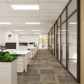 Modern Public Office Space with Desks Computers Green Plants Decorative Paintings and Bright Ceiling Lights