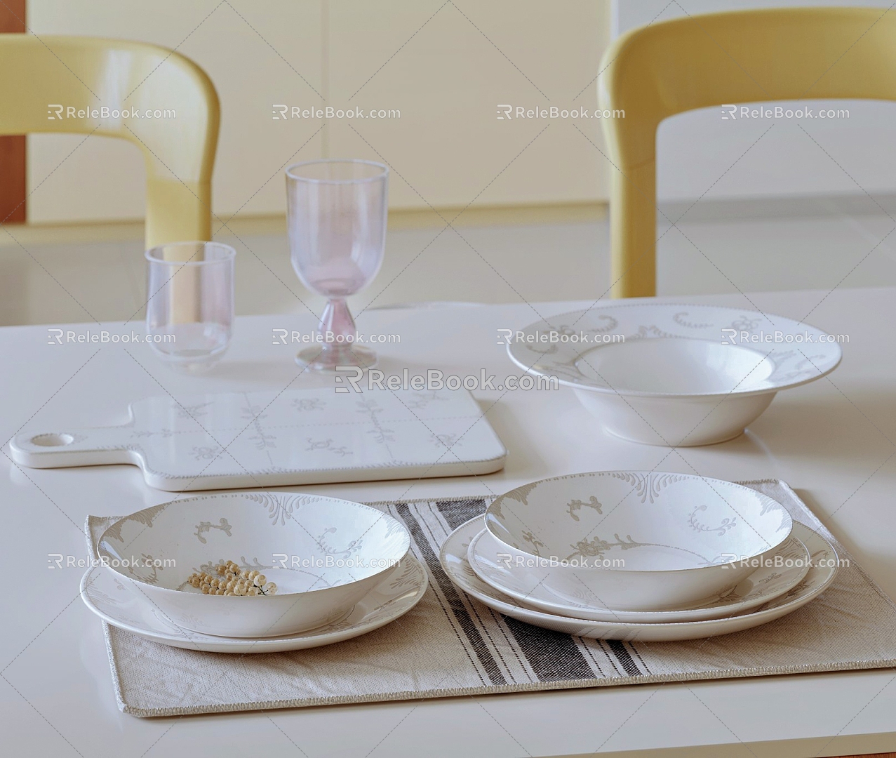 Tableware, dishes, cups, wine glasses, cutting boards 3d model