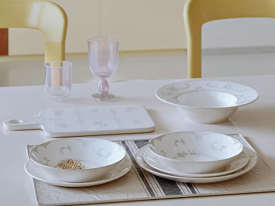 Elegant White Tableware Set With Glasses Placemats And Cutting Board 3d model