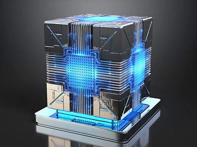 Futuristic 3D Rendered Tech Cube With Blue Glowing Lines And Metallic Structure 3d model