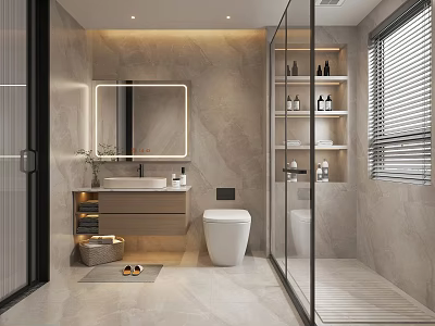 Modern Bathroom Interior With Glass Shower Wall Mounted Vanity Backlit Mirror And Marble Walls 3d model